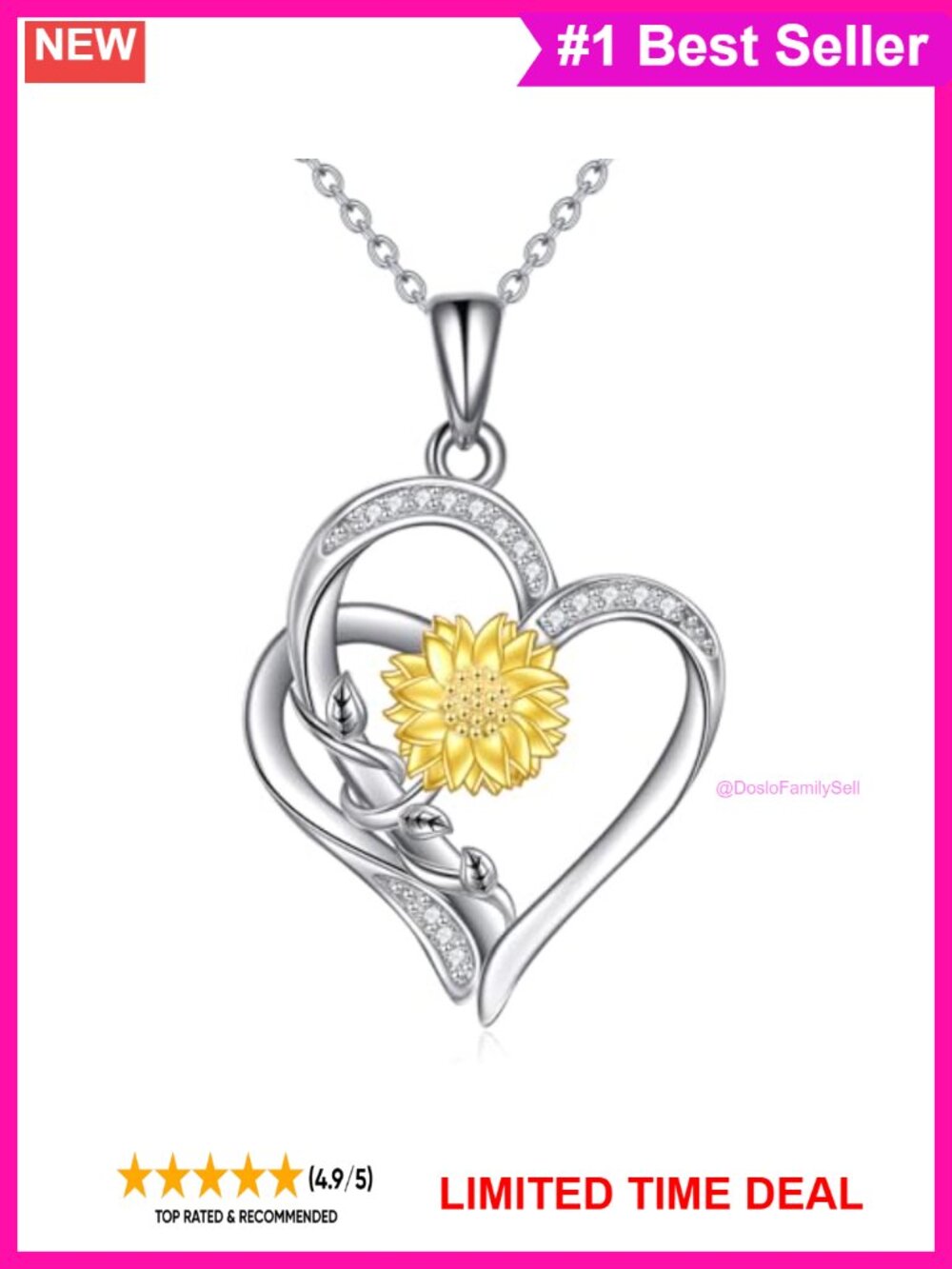 Natural Diamond Sunflower Heart Pendant Necklace 18K Gold Plated Sterling Silver
